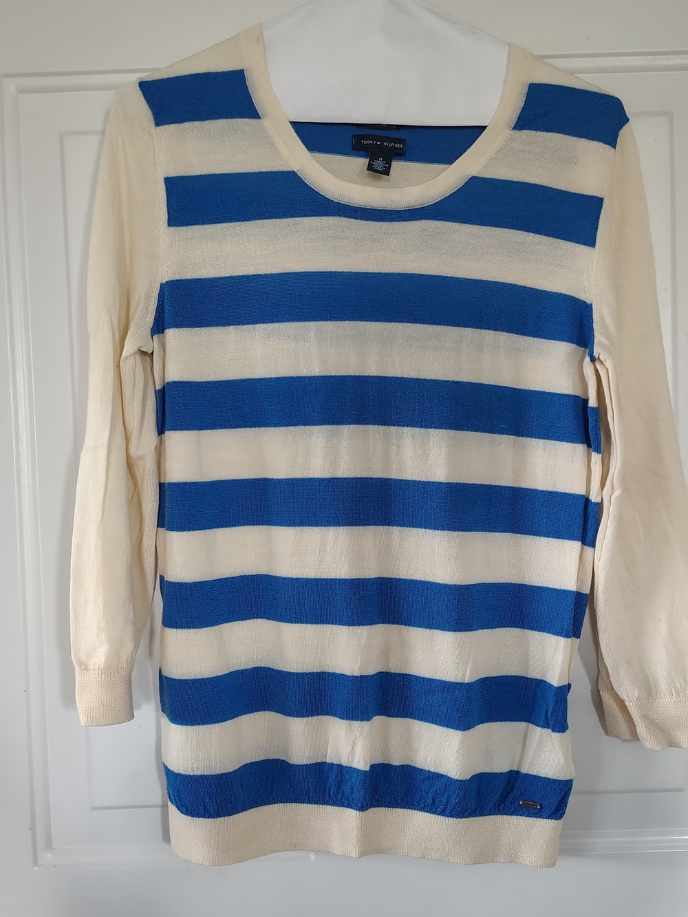 Tommy Hilfiger Royal Blue and Cream Striped Crewneck Sweater Merino Wool